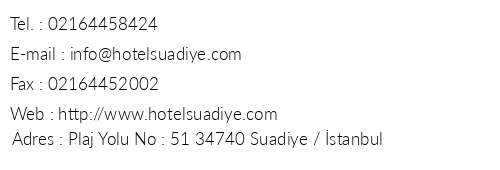 Hotel Suadiye telefon numaralar, faks, e-mail, posta adresi ve iletiim bilgileri